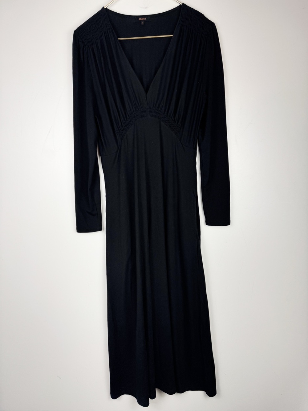 Quince Dress Small Black Tencel Jersey Long Sleeve Smocked VNeck Maxi Minimalist